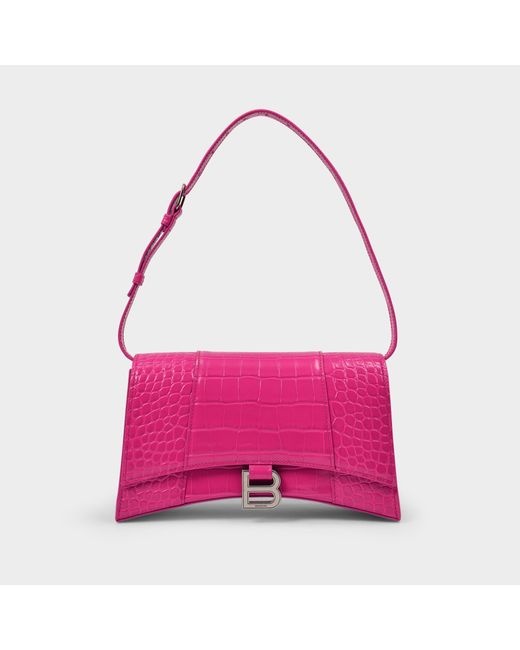 Balenciaga Pink Hourglass Baguette Bag In Fuchsia Croc Embossed Leather