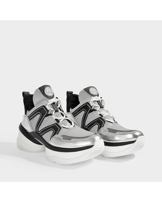 MICHAEL Michael Kors Olympia Oversized Trainers In Black And Silver Nylon  And Mirror Metallic Leather | Lyst