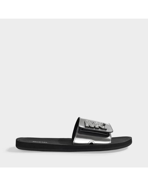 MICHAEL Michael Kors Gray Mk Slides In Silver Mirror Metallic Material And Crystals