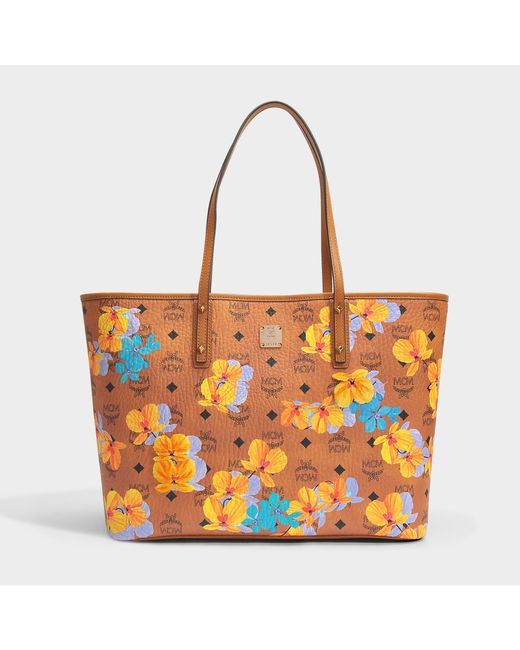MCM Multicolor Flower Medium Shopper Bag In Cognac Coated Cotton
