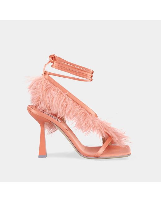 Sebastian Milano Pink Coral Satin Lace-up Sandals With Feathers