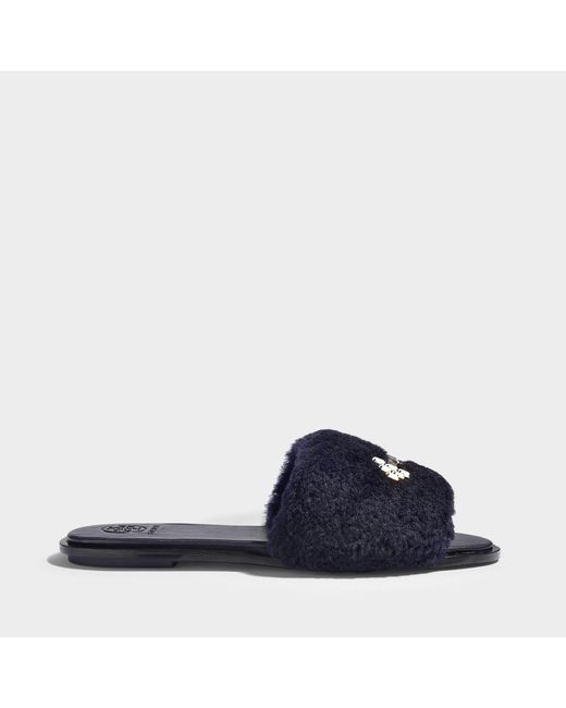 Tory Burch Blue Aspen Slides In Navy Shearling And Crystals