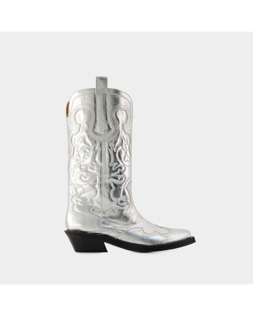 Ganni White Mid Shaft Western Boots
