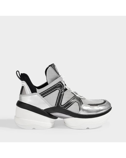 MICHAEL Michael Kors Olympia Oversized Trainers In Black And Silver Nylon And Mirror Metallic Leather