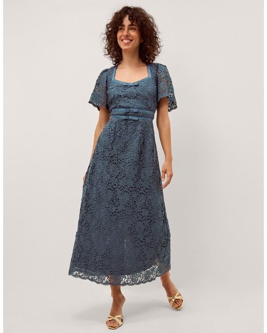 Monsoon Women's Blue Floral Lace Regina Short Sleeve Midi Dress, Size: 8
