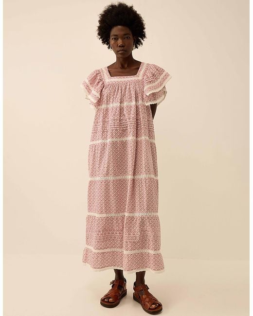 Monsoon Natural East Alina Printed Floral Lace Insert Dress Pink