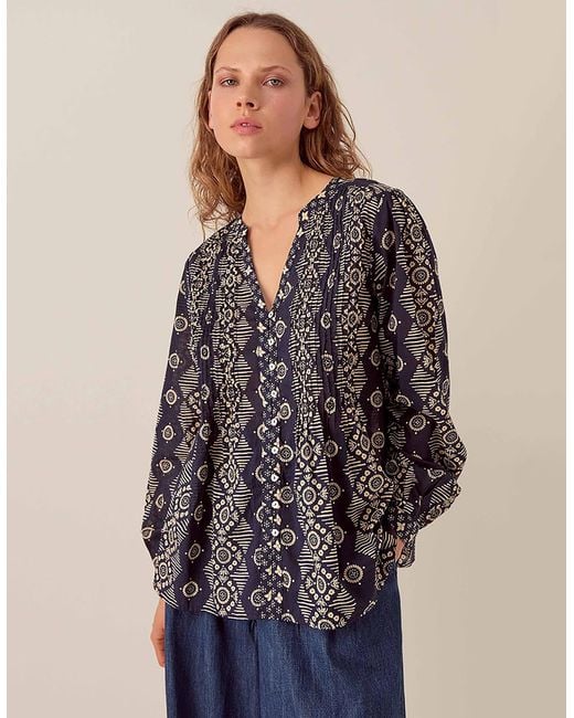 Monsoon East Celine Printed Cotton Top Blue