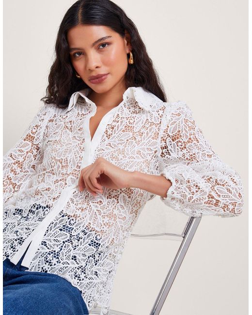 Monsoon White Perl Lace Tie Collar Blouse