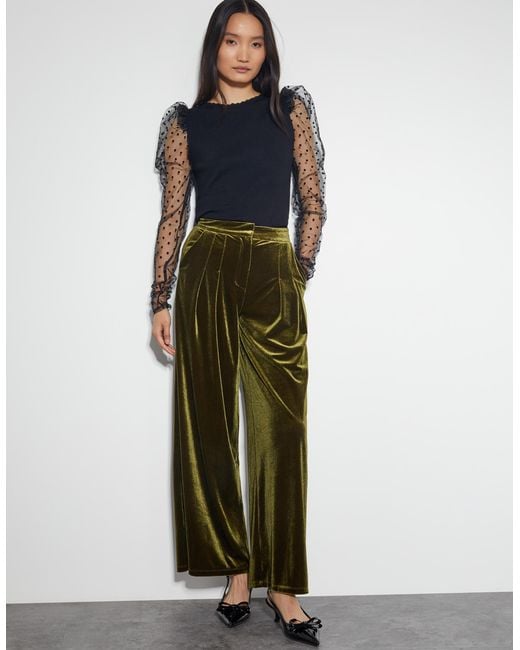 Monsoon Valery Wide Leg Velvet Trousers Green