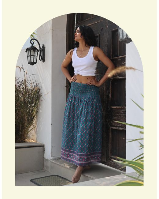 Monsoon Black Dilli Grey Kaya Smocked Block Print Midi Skirt Teal