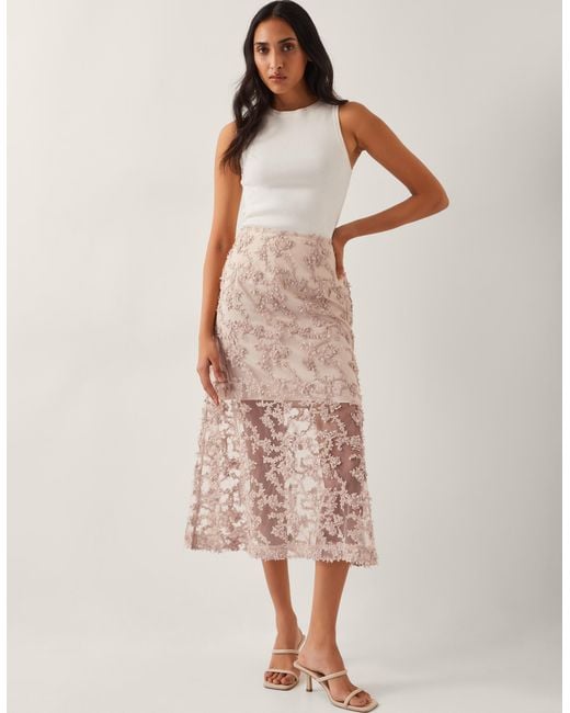 Monsoon Natural Alanna Sheer Appliqué Midi Skirt Nude