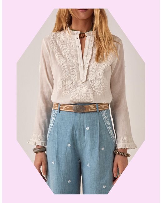 Monsoon Blue Maison Hotel Gabriela Embroidered Broderie Blouse White