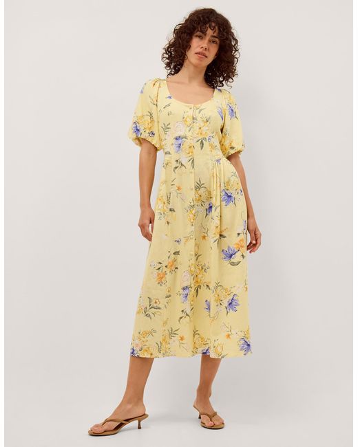 Monsoon Etta Floral Linen Blend Midi Dress Yellow