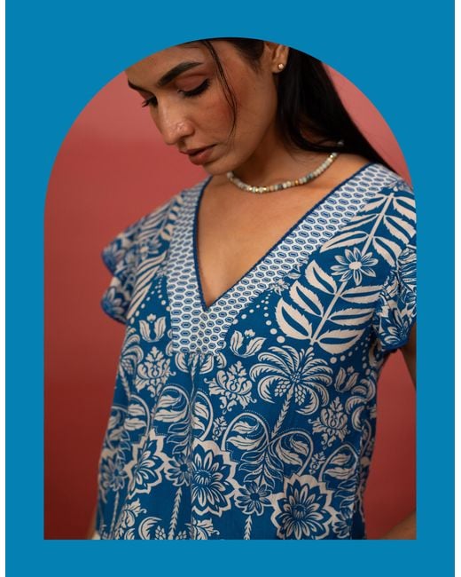Monsoon India & Mills Inca V-neck Tropic Top Blue