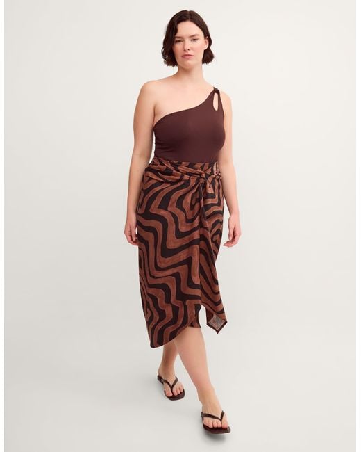 Monsoon Red Callie Thorpe X Wave Print Linen Blend Sarong Skirt Brown