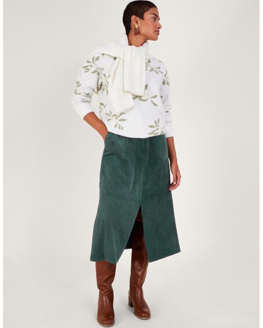 Monsoon Aria Cord Split Skirt Green