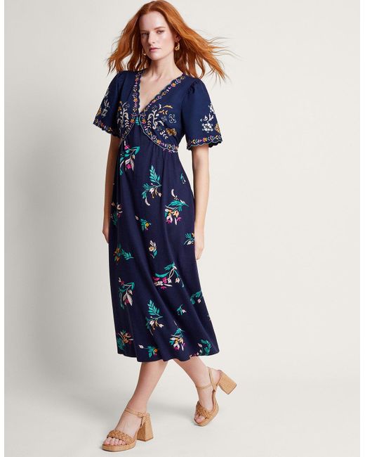 Monsoon Maya Floral Embroidered Dress Blue