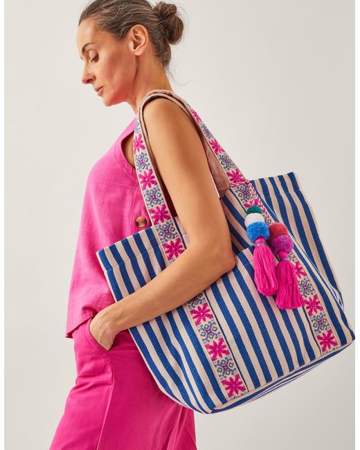 Monsoon Pink Dara Embroidered Stripe Beach Bag