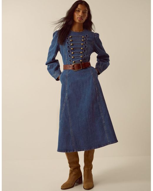 Monsoon Military Denim Midi Dress Blue