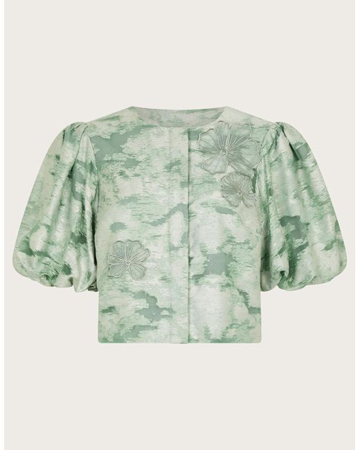 Monsoon Women's Green Floral Jacquard Josie Puff Sleeve Top, Size: 14