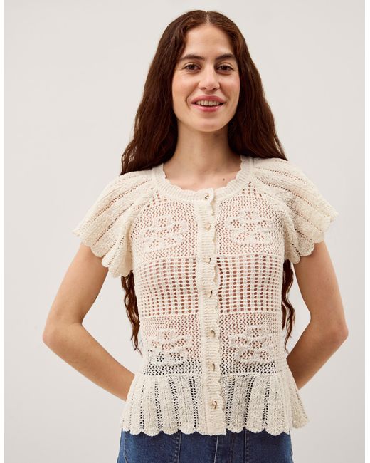 Monsoon Natural Indi Short Sleeve Floral Pointelle Cardigan Ivory