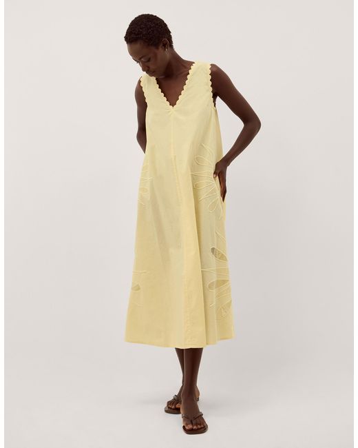 Monsoon Natural Sunny Sleeveless Scallop Midi Dress Yellow