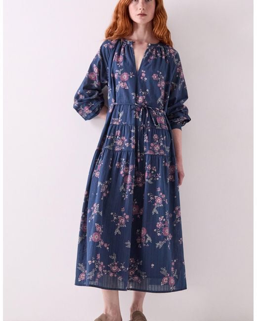 Monsoon East Layla Floral Print Cotton Midi Dress Blue