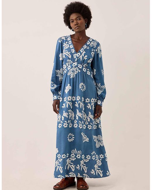 Monsoon East Kris Hand-batik Floral Maxi Dress Blue