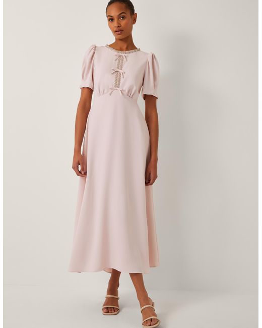 Monsoon Women's Light Pink Bow Detail Elegant Bonnie Puff Sleeve Midi Dress, Size: 12
