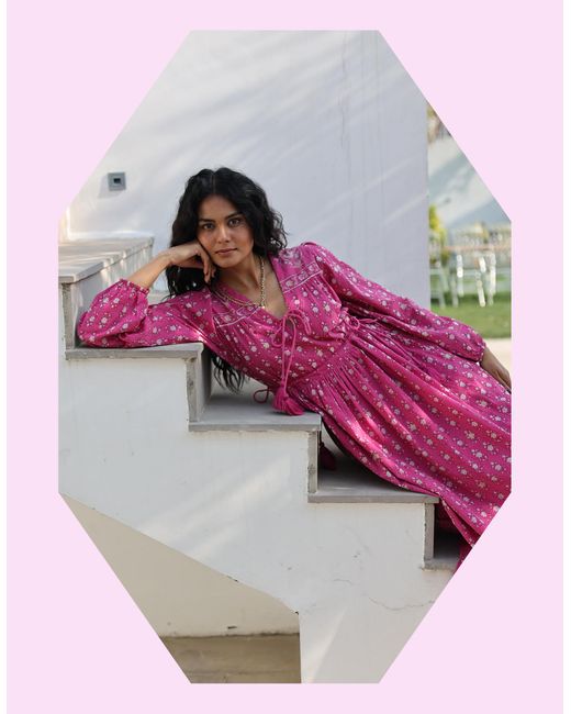 Monsoon Dilli Grey Fifi Block Print Midi Dress Pink