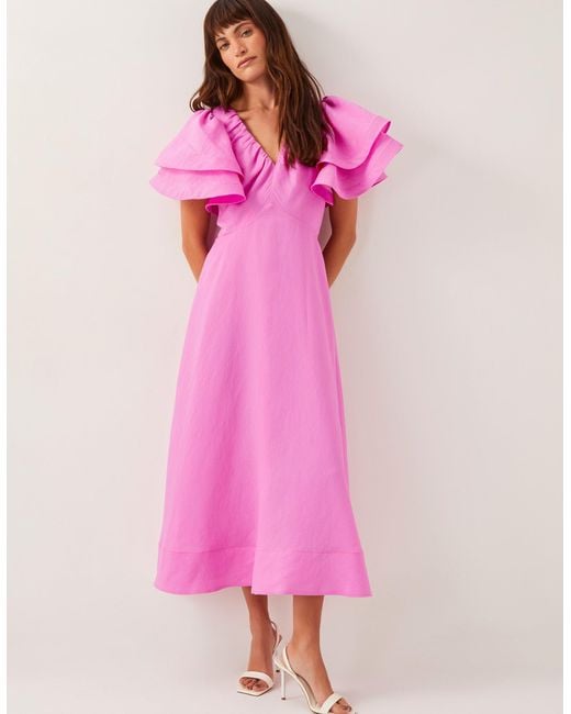 Monsoon Patricia Ruffle Sleeve Midi Dress Pink