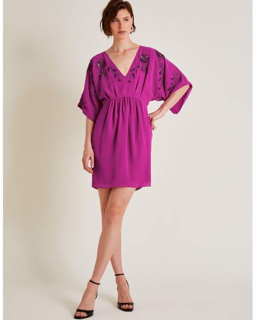 Monsoon Purple Isla Embellished Short Sleeve Mini Dress Pink