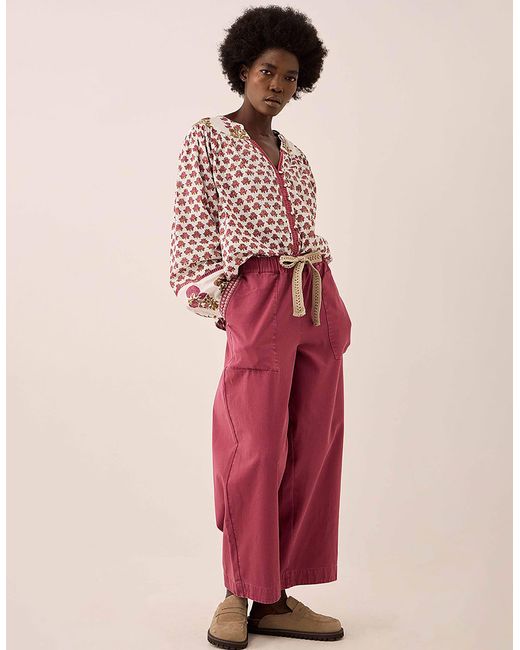 Monsoon East Della Wide Leg Cotton Twill Trousers Pink