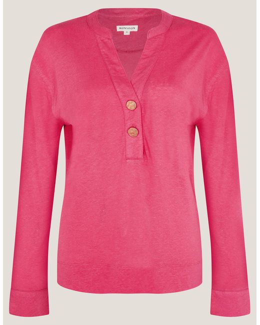 Monsoon Asher Long Sleeve Linen-blend Top Pink