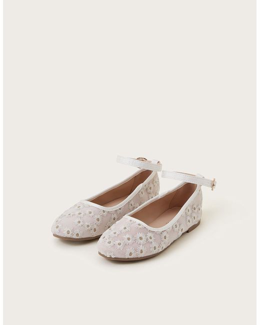 Monsoon Natural Daisy Embroidered Mesh Ballet Flats Pink