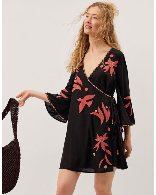 Monsoon Zora Embroidered Mini Wrap Dress Black