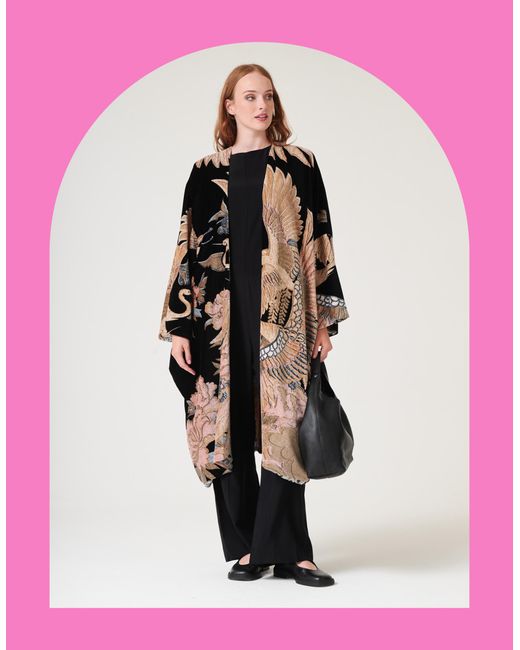 Monsoon Pink One Hundred Stars Crane Print Velvet Kimono