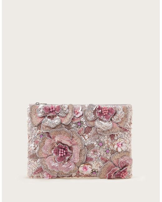 Monsoon Pink Hand-embellished 3d Flower Pouch