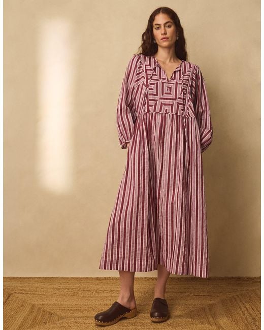 Monsoon East Vika Hand-woodblock Stripe Midi Dress Red
