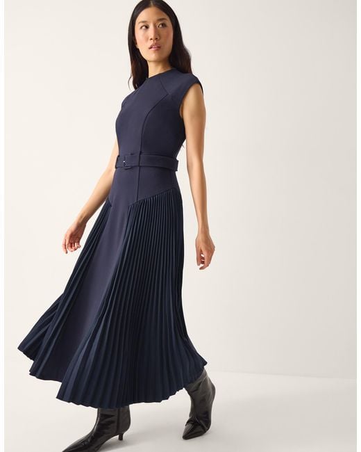 Monsoon Sally Pleat Sleeveless Midi Dress Blue