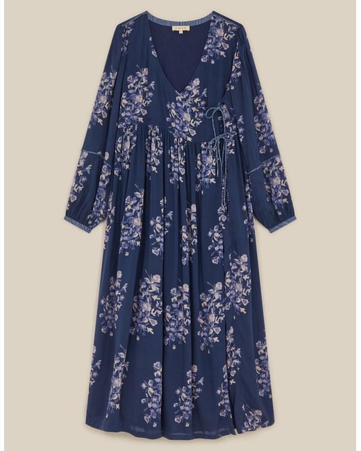 Monsoon East Kerstin Floral Print Midi Wrap Dress Blue