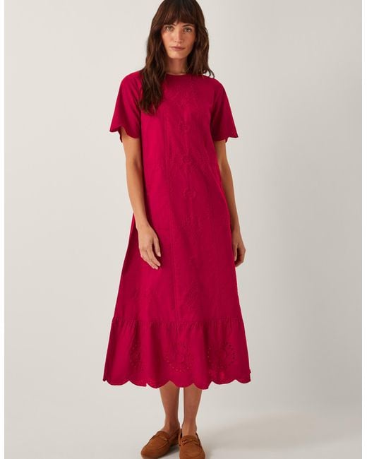 Monsoon Orla Short Sleeve Broderie Midi Dress Red