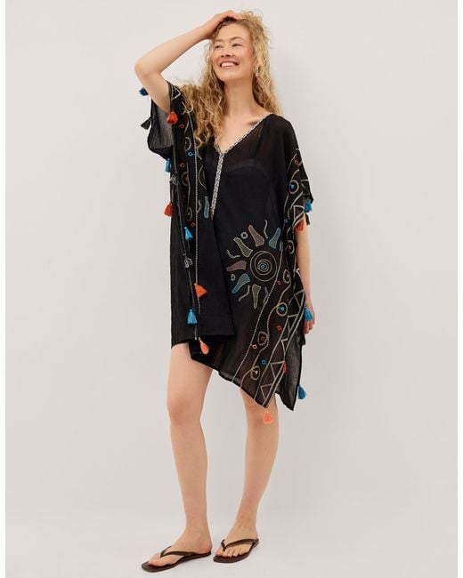 Monsoon Pelia Embroidered Tassel Mini Kaftan Black