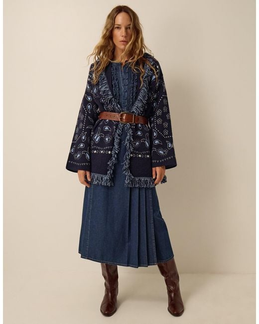 Monsoon Payton Paisley Fringe Cardigan Blue