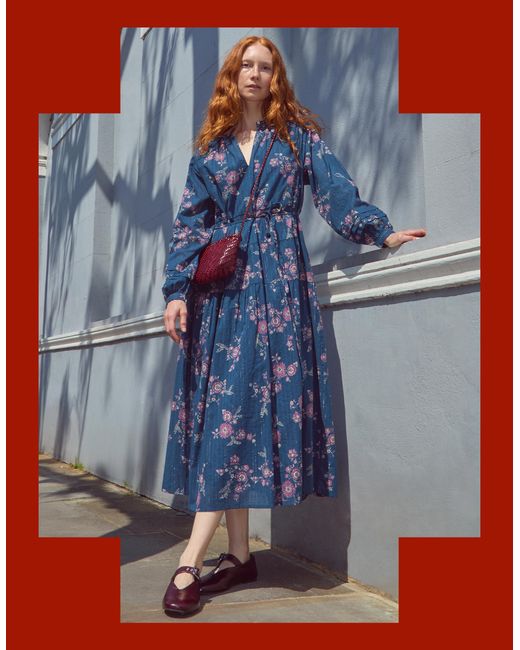 Monsoon East Layla Floral Long Sleeve Midi Dress Blue