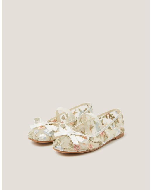 Monsoon Natural Floral Embroidered Mesh Ballet Flats Ivory