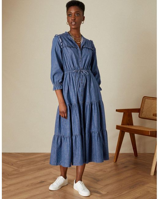 Monsoon Tiered Denim Dress In Sustainable Cotton Blue | Lyst UK