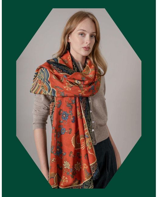 Monsoon Green One Hundred Stars Dragon Print Wool Scarf Orange