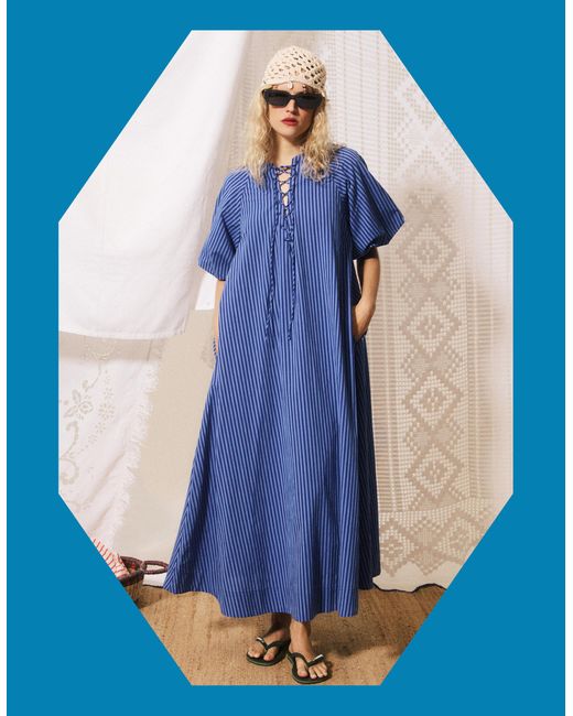 Monsoon Frnch Assunta Puff Sleeve Stripe Maxi Dress Blue