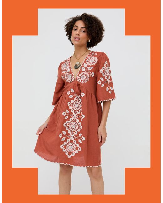 Monsoon Raffya Arabella Embroidered Mini Dress Orange